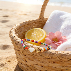 Letter C Красочные круглые браслеты из стеклянного бисера, эластичные, 304 Браслеты из нержавеющей стали с подвесками в виде ракушек для женщин, письмо и сердце, золотые, буква С, 6.89 дюйм (17.5 см)