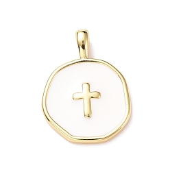 Белый Латунь эмаль подвески, золотой свет, плоские круглые с крестом, белые, 18x13.5x3.5 мм, отверстие : 2x3.5 мм