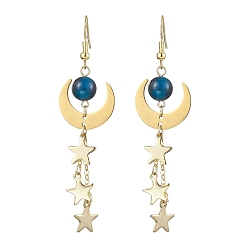 Golden Brass Dangle Earring, with Natural Tiger Eye and 304 Stainless Steel Charms, Moon & Star, Golden, 74.5x19.5mm