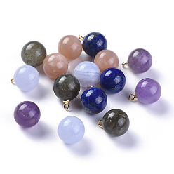 Golden Natural Mixed Stone Charms, with 925 Sterling Silver Loop, Round, Golden, 13.5~14x10~10.5mm, Hole: 1.5mm
