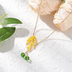 Желтый Женские ожерелья с подвеской в форме листа из стеклянных бусин ручной работы, латунным кабелем и цепочкой, золотые, желтые, 15.51 дюйм (39.4 см)