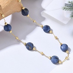 Sodalite Natural Sodalite Faceted Flat Round Beaded Chain Necklaces with Matte Brass Beads, 304 Stainless Steel Jewelry for Women, Golden, Long-Lasting Plated, 25.16 inch(63.9cm)