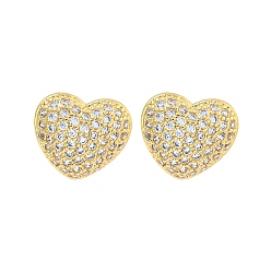 Real 16K Gold Plated Heart Brass Pave Clear Cubic Zirconia Stud Earrings, Real 16K Gold Plated, 12x13.5mm