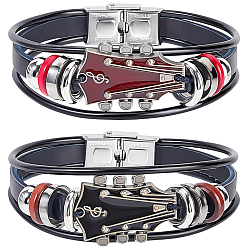 Mixed Color 2Pcs 2 Colors Alloy & Leather Cord Bracelets for Men Women, Guitar, Mixed Color, 8-1/8 inch(20.7cm), 1pc/color