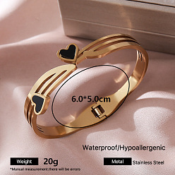 Heart Vintage 304 Stainless Steel Black Enamel Open Hinged Cuff Bangles for Women, Golden, Heart, Inner Diameter: 2.36 inch(6cm)