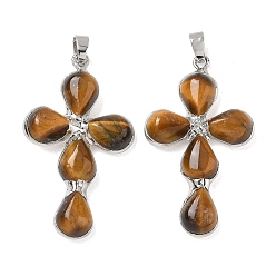 Tiger Eye Natural Tiger Eye Pendants, Cross Charms, with Platinum Tone Brass Findings, 38~41x22.5~23.5x5.5~6mm, Hole: 5.5x3.5mm