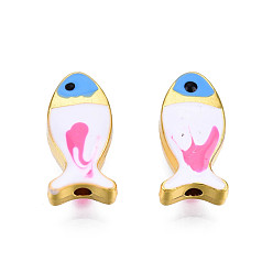 Ярко-Розовый Рейка покрытие сплава эмалевые бусины, без кадмия и без свинца, рыба, золотой свет, ярко-розовый, 17x8x4.5 мм, отверстие : 1.8 мм