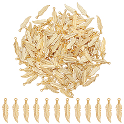 Golden 200Pcs Tibetan Style Alloy Pendants, Feather Charms, Golden, 27x7x2mm
