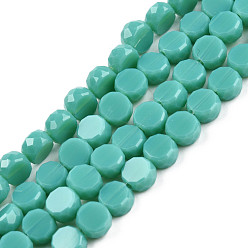 Светлый Морско-зеленый Непрозрачные сплошные цветные стеклянные бусины, граненые, плоско-круглые, светло-зеленый, 5.5x3 мм, отверстие : 1.2 мм, около 99~100 шт / нитка, 20.08 дюйм ~ 21.14 дюйм (51~53.7 см)