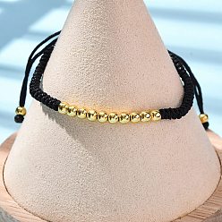 Черный Плетеные браслеты из полиэфирного шнура для женщин, с латунной бисера, долговечный, чёрные, внутренний диаметр: 1-7/8~3-1/4 дюйм (4.9~8.1 см)