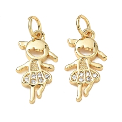 Real 18K Gold Plated Brass Micro Pave Clear Cubic Zirconia Pendants, Girl Charms, Rack Plating, Cadmium Free & Lead Free, Real 18K Gold Plated, 17.5x9.5x2mm, Hole: 3.5mm