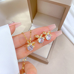 Bowknot Латунное ожерелье с подвеской из микрофибры и серьги-гвоздики, колье-цепочка из нержавеющей стали, золотые, бантом, 400 мм