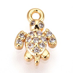 Настоящее золото 18K Латунные микропаве прозрачные подвески с фианитом, прелести черепахи, без кадмия, без никеля и без свинца, реальный 18 k позолоченный, 9.9x6.5x2 мм, отверстие : 1 мм