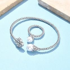 Прозрачный Комплекты колец и браслетов-манжет с клевером из латуни с микропаве из кубического циркония для женщин, с акриловой жемчужины, стойки покрытие, платина, прозрачные, браслет: 3~13ширина мм, внутренний диаметр: 63x54 мм