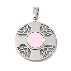 Нержавеющая Сталь Цвет Подвески из смолы, плоско-круглые с розой , с 304 фурнитурой из нержавеющей стали, цвет нержавеющей стали, 37.5x33.5x4 мм, отверстие : 9x4 мм