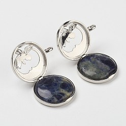 Sodalite Natural Sodalite Pendants, with Brass Diffuser Locket Findings, Flat Round with Angel, 31x26x8mm, Hole: 4mm