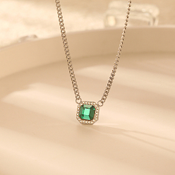 Нержавеющая Сталь Цвет Квадратный кулон из нержавеющей стали с зеленым папоротником, кубинская цепочка с подвеской, ожерелья унисекс, цвет нержавеющей стали, 17.72 дюйм (45 см)