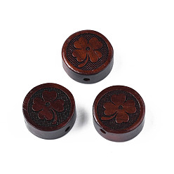 Кокосово-Коричневый Бусины мала из натурального сандалового дерева, неокрашенными, плоский круглый с четырехлистным клевером, кокосового коричневый, 16x7 мм, отверстие : 1.8 мм