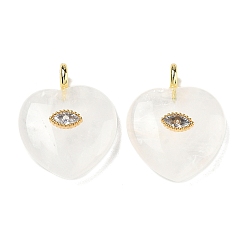 Quartz Crystal Natural Quartz Crystal Pendants, Rock Crystal Heart Charms with Brass Micro Pave Clear Cubic Zirconia Findings, Golden, 31.5~32x25~25.5x9.5~10.5mm, Hole: 4mm
