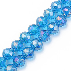 Dodger Blue Electroplate Transparent Glass Beads Strands, Half Plated, Faceted, Round, Dodger Blue, 10x8.5mm, Hole: 1.2mm, about 60pcs/strand, 20.47 inch(52cm)