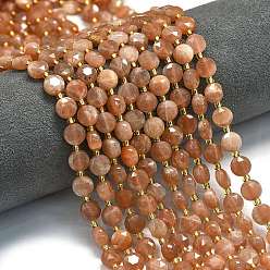 Peach Moonstone Натуральный персиковый лунный камень, граненый шестиугольный разрез, плоско-круглые, с бисером, 8x5 мм, отверстие : 0.8 мм, около 36 шт / нитка, 15.16''~15.24'' (38.5~38.7 см)
