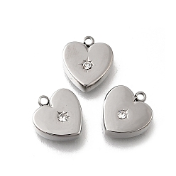 Сердце 304 прелести нержавеющей стали, со стразами, сердце, 10.5x11x4 мм, отверстие : 1.4 мм