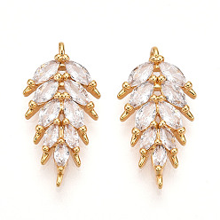 Прозрачный Латунные микро проложить кубического циркония подвески, лист прелести, реальный 18 k позолоченный, прозрачные, 21x11x3 мм, отверстие : 1~1.2 мм