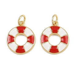 Красный Латунь эмаль прелести, спасательные круги-талисманы, с прыжковых колец, стойки покрытие, реальный 18 k позолоченный, без свинца и без кадмия, долговечный, красные, 15x13x2.5 мм, отверстие : 3.5 мм