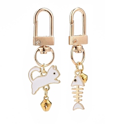 White Cat & Fishbone Shape Alloy Enamel Charms Keychain, with Alloy Swivel Clasps and Bell, White, 59mm, 2pcs/set
