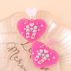 Ярко-Розовый Акриловые болтаться серьги стержня, Сердце с сердцем, платина, ярко-розовый, 48x40 мм