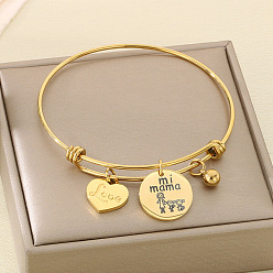Золотой День матери 304 браслеты из нержавеющей стали с подвесками для женщин, Сердце & плоские круглые, золотые, внутренний диаметр: 2-5/8 дюйм (6.8 см)