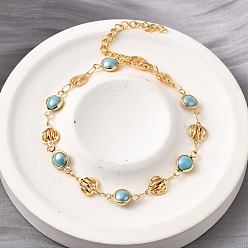 Золотой 304 браслеты из нержавеющей стали со стеклянными звеньями для женщин, Сердце & плоские круглые, золотые, 7-1/8 дюйм (18 см)