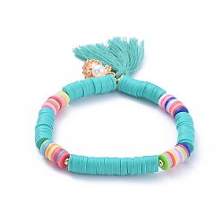 Medium Turquoise Handmade Polymer Clay Heishi Beads Stretch Bracelets, with Cotton Thread Tassel Pendants and Alloy Charms, Shell with Pearl Shape, Medium Turquoise, 2-1/8 inch(5.5cm)