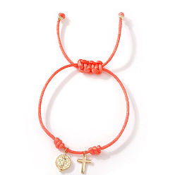 Coral Adjustable Brass Religion Cross Virgin Charm Nylon Cord Braided Bracelets, Golden, Coral, 11.02 inch(28cm)