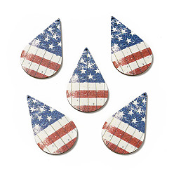 Chocolate American Flag Theme Single Face Printed Aspen Wood Big Pendants, Teardrop Charm, Chocolate, 57.5x34.5x2.5mm, Hole: 1.6mm