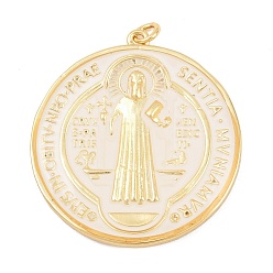 Белый Латунь эмаль подвески, плоский круглый с подвесками Святого Бенедикта, долговечный, стойки покрытие, без свинца и без кадмия, реальный 18 k позолоченный, белые, 38x35x5 мм, Перейти кольцо: 5x1 мм, внутренний диаметр: 3 мм