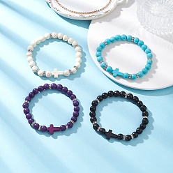 Color mezclado 4 piezas 4 colores pulseras elásticas de cuentas de turquesa sintética para mujeres, cruz y vuelta, color mezclado, diámetro interior: 2-1/8 pulgada (5.3 cm), 1 pc / color