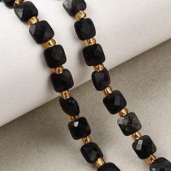 Obsidian Natural Obsidian Beads Strands, Faceted Square, with Seed Beads, 6x6x3.5~4mm, Hole: 0.8mm, about 48pcs/strand, 14.96''(38cm)