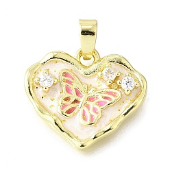 Pink Латунные микропроволочные кубические циркониевые подвески из эмали, сердце с бабочкой, долговечный, без свинца и без кадмия, стойки покрытие, розовые, 15.5x18x3.5 мм, отверстие : 5x3 мм