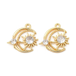 Настоящее золото 18K Кулон из латуни с прозрачным кубическим цирконием, амулеты луны, звезд и солнца, без кадмия, без никеля и без свинца, реальный 18 k позолоченный, 15x15x2.5 мм, отверстие : 1.4 мм