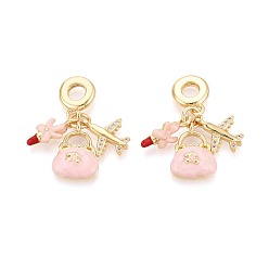 Pink Европейские подвески-шармы из латуни с микропаве из прозрачных кубических цирконий и эмали, сумочка, помада и самолет, Подвески с большими отверстиями, реальный 18 k позолоченный, розовые, 29 мм, отверстие : 4.8 мм