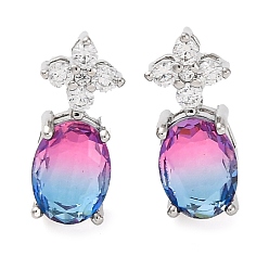 Фуксиновый Латунные серьги-гвоздики с цветком и овалом из кубического циркония для женщин, платина, красно-фиолетовые, 15x7 мм