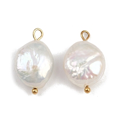 Настоящее золото 18K Подвески из натурального пресноводного жемчуга Кеши, плоские круглые прелести, с 304 петлями из нержавеющей стали, белые, ионное покрытие (ip), реальный 18 k позолоченный, 18~20.5x12~13x5.5~7.5 мм, отверстие : 1.8~3 мм