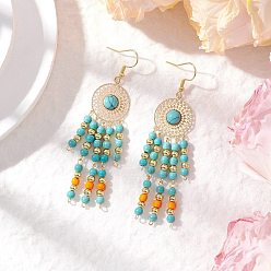 Светло-Синий 304 плоские круглые серьги-подвески из нержавеющей стали с синтетической бирюзой, с синтетическими бирюзовыми бусинами и стеклянными бусинами, золотые, голубой, 81~81.5x18.5 мм