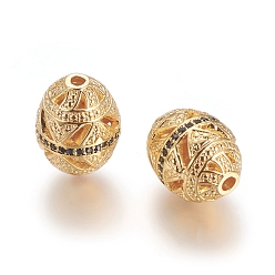 Golden Brass Micro Pave Black Cubic Zirconia Beads, Long-Lasting Plated, Hollow, Rice, Golden, 15x11mm, Hole: 1.8mm