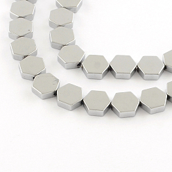 Platinum Plated Electroplate Non-magnetic Synthetic Hematite Bead Strands, Hexagon, Platinum Plated, 9x8x3mm, Hole: 1mm, about 46pcs/strand, 15.5 inch