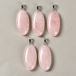 Rose Quartz Natural Rose Quartz Pendants, with 304 Stainless Steel Snap on Bails, Oval Charm, 44x20x8mm, Hole: 7x4mm