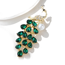 Изумруд Брошь из цинкового сплава золотая, булавка на лацкан со стразами и искусственным жемчугом, павлин, изумруд, 68x27 мм