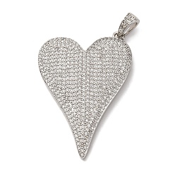 Платина Латунные микропаве прозрачные подвески с фианитом, сердце прелести, стойки покрытие, прочное покрытие, без кадмия и без свинца, платина, 43.5x29.5x4 мм, отверстие : 3x5.5 мм