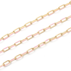 Pearl Pink Handmade Golden Brass Enamel Link Chains, Cable Chains, with Spool, Soldered, Long-Lasting Plated, Oval, Pearl Pink, 7x3x1mm, 32.8 Feet(10m)/roll